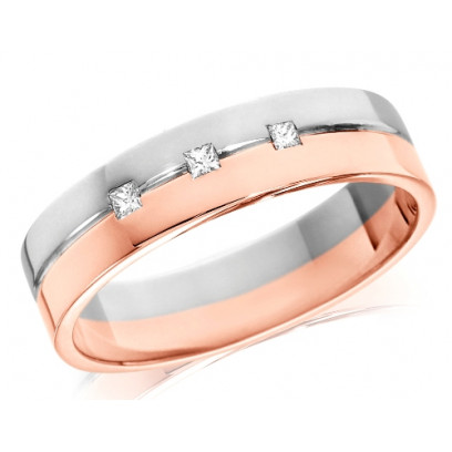 18ct Rose and White Gold Gents 6mm Wedding Ring with Grooved Centre and Set with 3 Princess Cut Diamonds, Total Weight 10pts