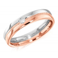 18ct Rose and White Gold Ladies 4mm Wedding Ring with Beaded Centre and Set with a Single 4pt Round Diamond